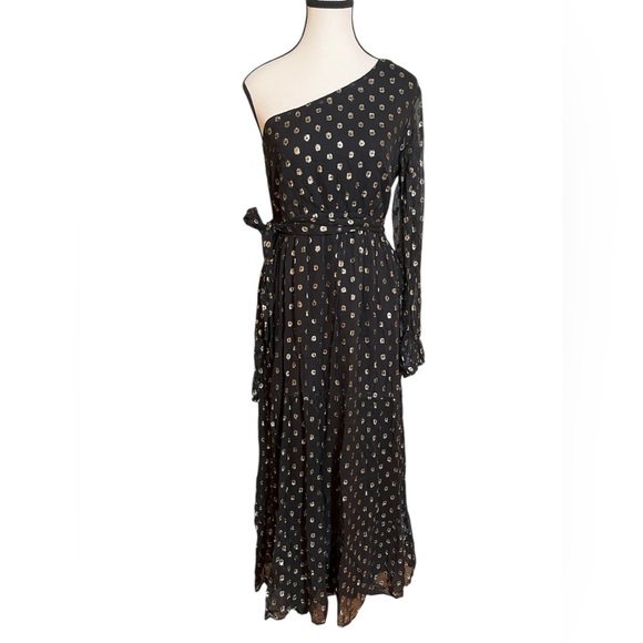 LULUS Size Medium Radiant Black & Gold Clip Dot One Shoulder Formal Maxi Dress - Picture 2 of 6
